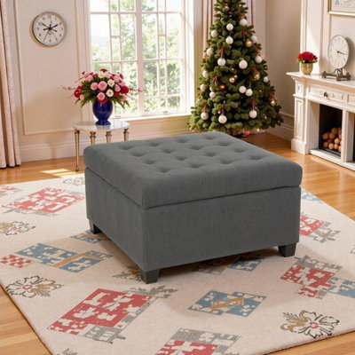 Tufted Upholstered Fabric Storage Ottoman With Birch Wood Legs