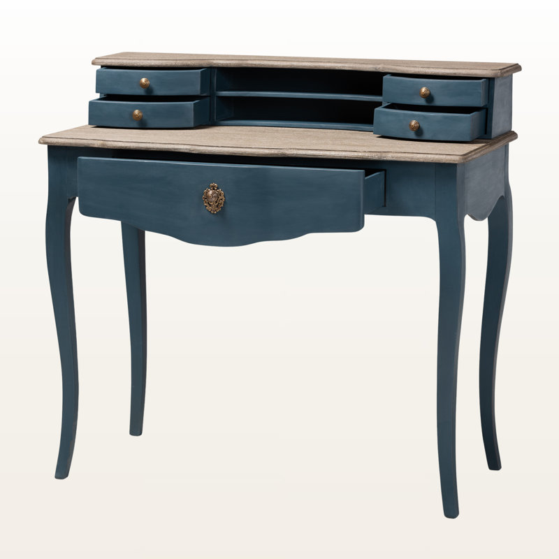 Bureau d'écriture à 5 tiroirs et 2 tablettes avec finition bleue Tahoma, H 37,85 po x l 39,25 po x P 18,47 po