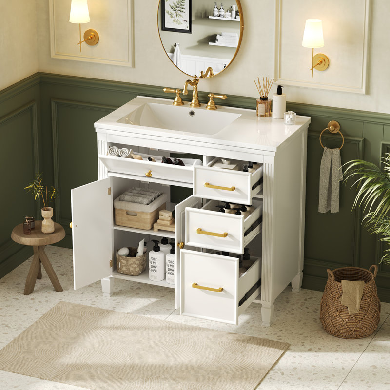 Koda Freestanding Standard Free Standing Single Double Single Vanity Bathroom Vanity With Ceramic Top, Blanc