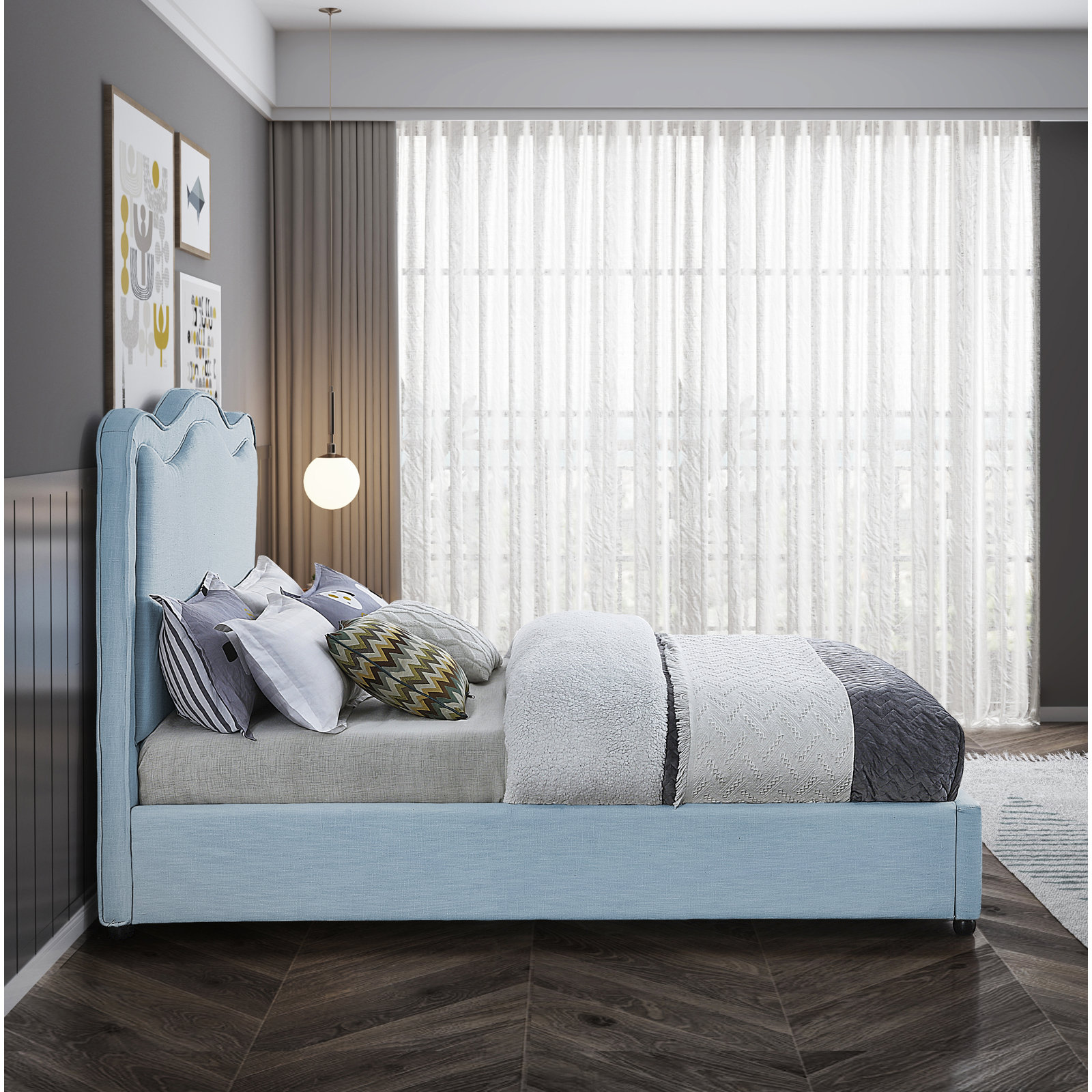 Upholstered Scalloped Bed, King, Light Blue Performance Linen