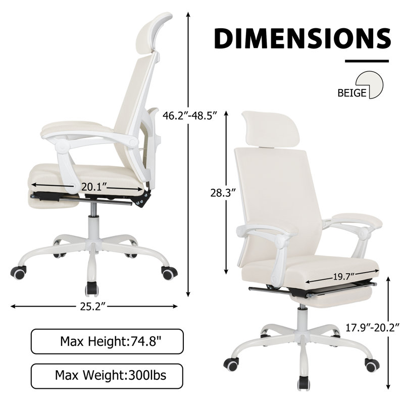 Makynlei High Back Ergonomic Mesh Office Chair with Adjustable Lumbar Support, Footrest and Headrest, Beige