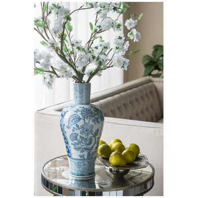 D8.1x16.9" Porcelain Flower Vase with Blue and White Floral Motifs