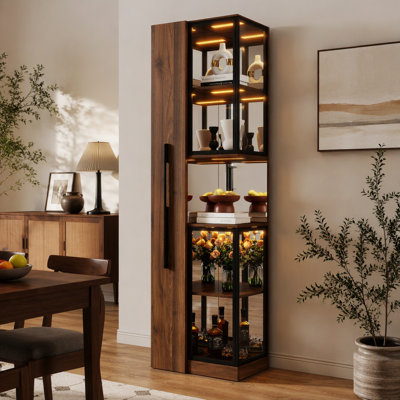 70" Wooden Display Cabinet With Glass Doors & Led Lights - Multi-tier Pull-out Storage Shelf - Elegant Home Organization