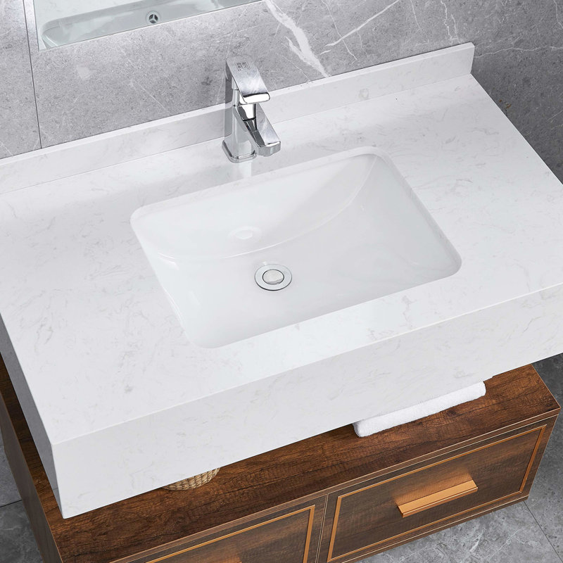 Lavabo encastré en céramique - blanc rectangulaire, trop-plein, insonorisant, résistant à la chaleur, aux taches et aux égratignures, rouille, sans trous de robinet, surface de lavabo rectangulaire encastrée, insonorisée, présente