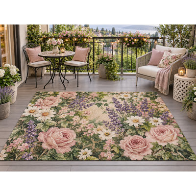 Tapis d'extérieur 152 x 213 cm (5' x 7') à motif botanique rose et lavande, épais, imperméable, en PVC bouclé, résistant et à séchage rapide, idéal pour terrasse, balcon, entrée, VR ou autre espace de vie.