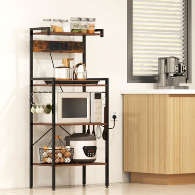 Metal Frame Microwave Stand With Charging Station, 8 Hooks & Anti-Tipping Kits