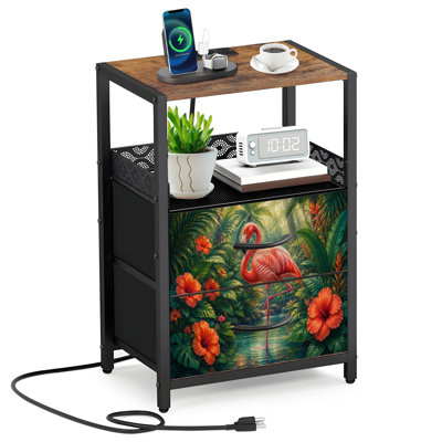 Table de chevet 2 tiroirs en tissu avec station de charge Elegant Flamingo Jungle tropicale, feuilles vertes, table de chevet orange, table de bout avec ports USB ouverts