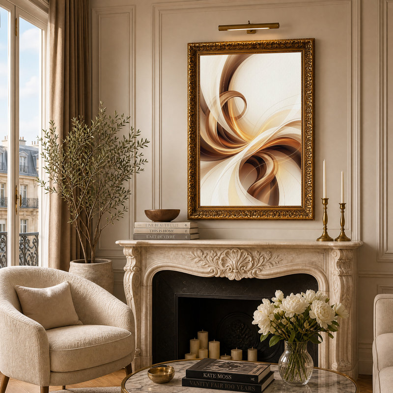 Tableau sur toile aux courbes tourbillonnantes or et beige, H 24 po x l 16 po