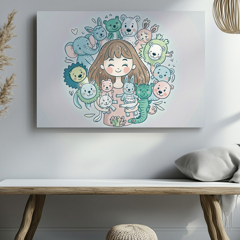Toile, Illustration fantaisiste mettant en vedette une jeune fille avec une joyeuse expression murale entourée d'une rangée d'animaux adorables, art mural