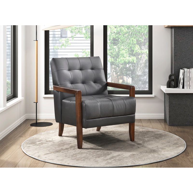 Chaise d'appoint contemporaine avec siège en cuir gris foncé, noyau en contreplaqué et bois de finition noyer moderne en cuir 100%, structure, accoudoirs, pieds, dossiers, accoudoirs