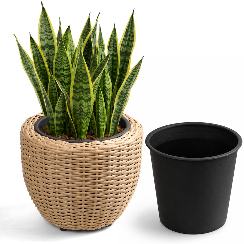 Pot à fleurs rond en polyrattan de 13 po avec cadre en acier SOLHome - panier décoratif d'extérieur avec insert noir