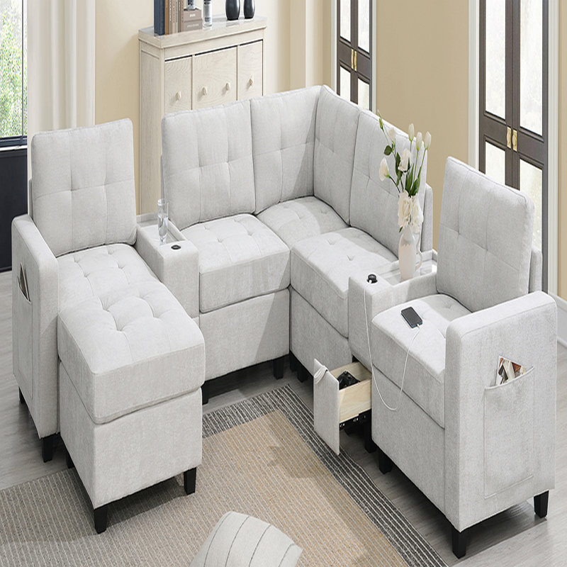 Canapé modulaire rembourré en chenille de 104 po avec repose-pieds mobile et 2 consoles multifonctionnelles