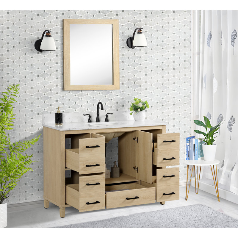 Meuble-lavabo simple 48 po avec comptoir en quartz de Carrare blanc, lavabo et dosseret Hardin, pré-assemblé