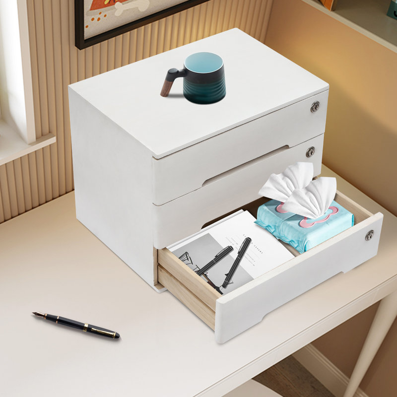 Armoire de rangement en bois 3 niveaux, boîte de rangement de bureau avec tiroirs verrouillables, White