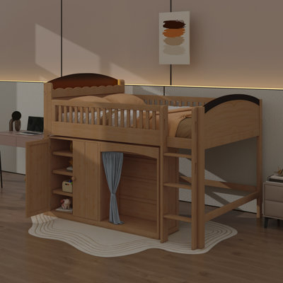 Lit mezzanine bas avec garde-robe et armoire de rangement, lit mezzanine en bois avec tête de lit, tablette de rangement et éclairage DEL