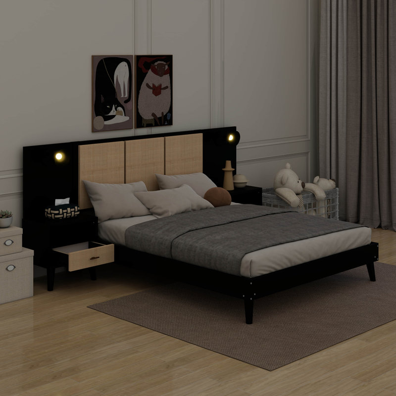 Queen Platform Bed With 2 Nighstands And Lights, Black