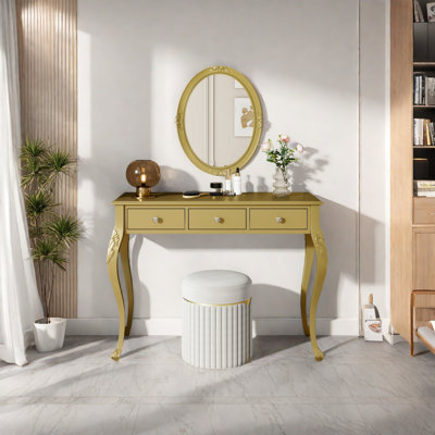 Luxury Makeup Vanity Desk With Oval Mirror, 3 Drawers And Intricate Carvings