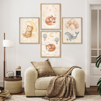 Dreamy Nursery Animal Framed Wall Art Set of 4 - Bear Fox Whale and Hot Air Balloon Prints for Baby Room Decor