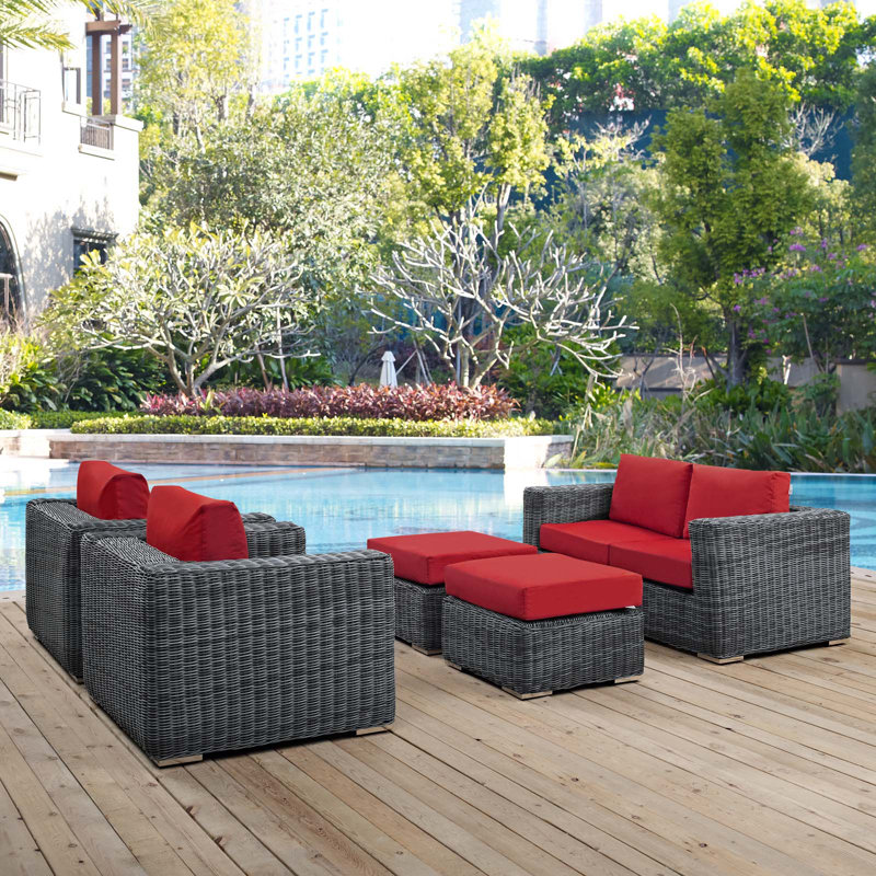 Ensemble modulaire de patio d'extérieur 5 pièces Modway Invite, Toile Sunbrella® rouge Jockey