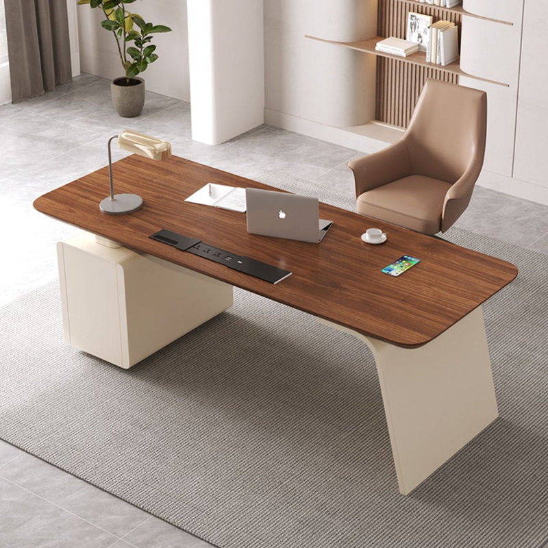 Bureau rectangulaire à 3 tiroirs en bois manufacturé brun noyer + cristal crème, H 29,53 po x l 70,87 po x P 27,56 po