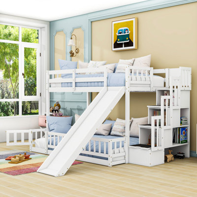 Lit superposé simple au-dessus de double avec glissière et escalier de rangement, tablettes