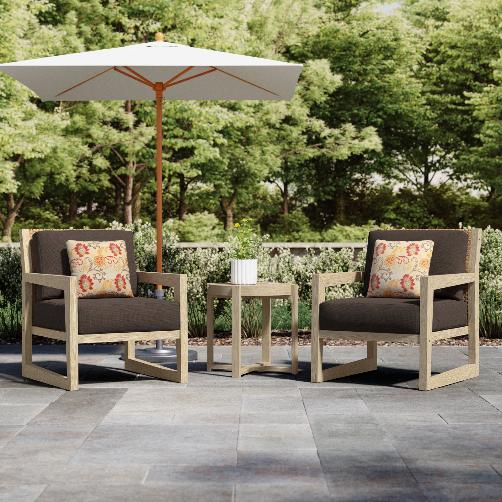 Devin 2 - Person Outdoor Seating Group with Cushions, Antique White Frame/Dark Brown Sunbrella Cushion