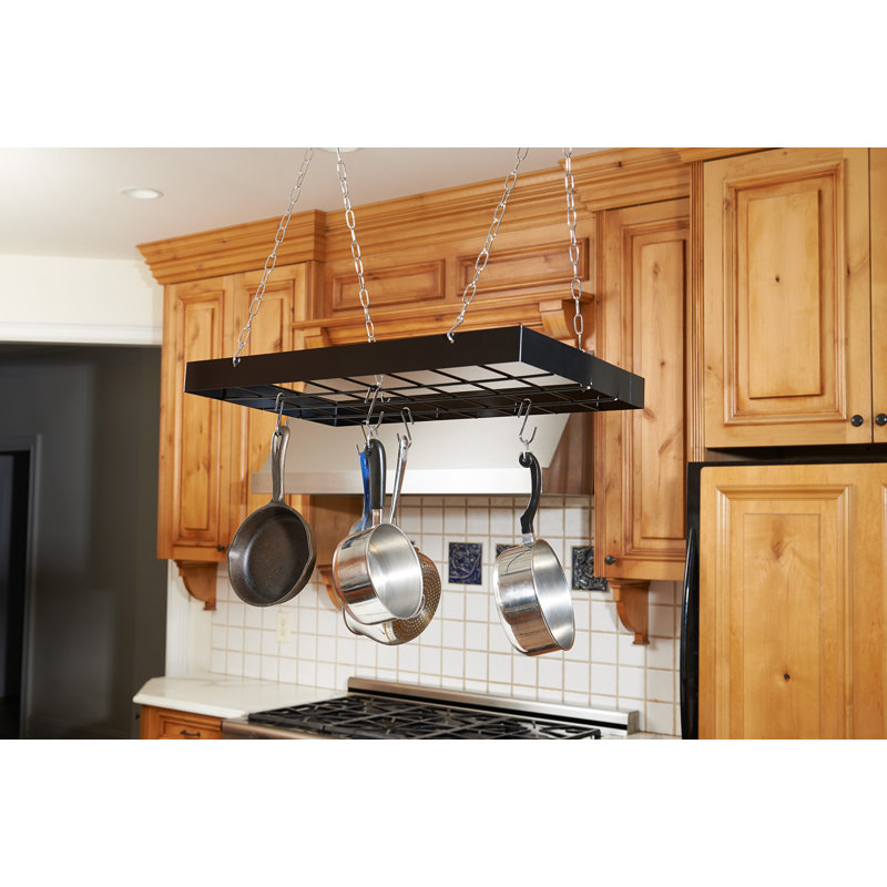 Black Iron Rectangular Hanging Pot Rack with Chains and Hooks