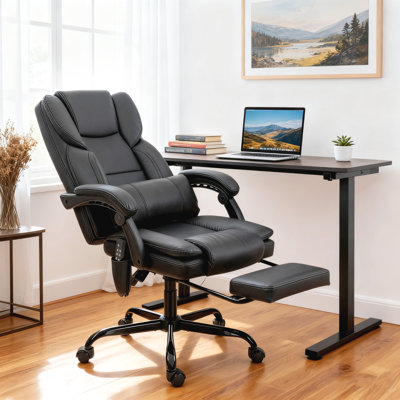 Massage Office Chair with 6 Vibration Points, Pet-Friendly Faux Leather, Reclining Desk Chair with Lumbar Support, Footrest, Adjustable Height, Swivel Wheels, Remote, Black