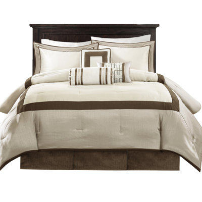 King Comforter In Taupe/brown - 7 Piece Filling Decorative Bedding Intricate Ribbon