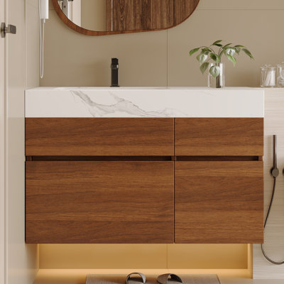 Meuble-lavabo flottant moderne de 36 po avec plateau en pierre frittée et lavabo en céramique