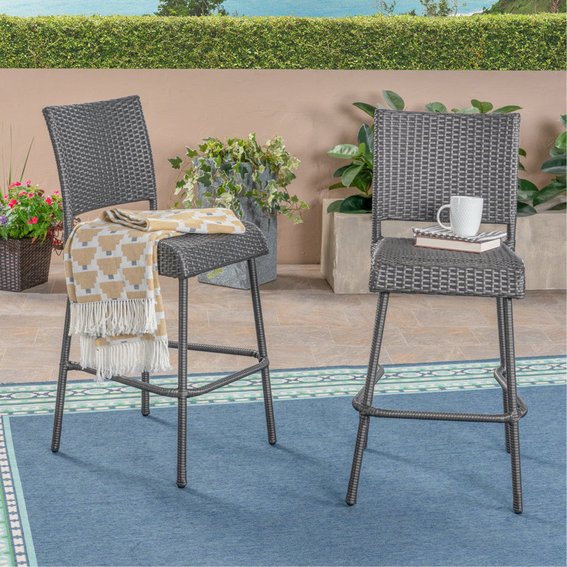 29" Outdoors PE Rattan Armless Barstools, Set Of 2, Grey