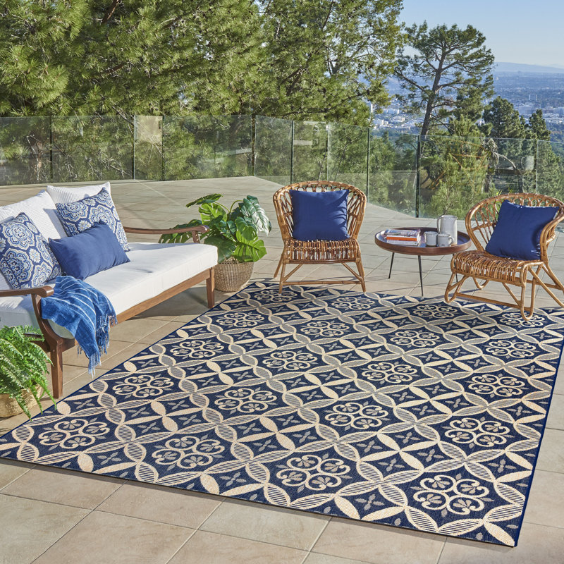 Solterra Zilah Navy Blue Beige Cream Bohmeian Tile Flatweave Polypropylene Indoor/ Outdoor Area Rug, Rectangle 8'9" x 13'1"