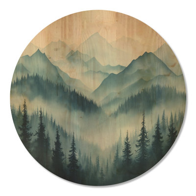 Montagnes nordiques au matin brumeux I - Tableau mural rond en bois représentant un paysage