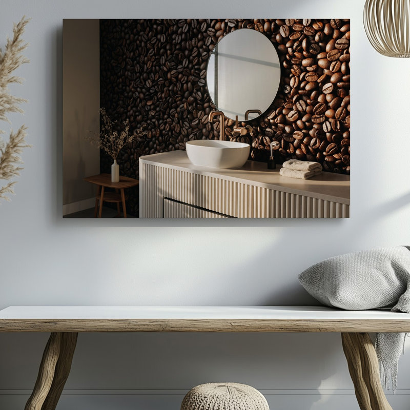 Toile, intérieur moderne de la salle de bain, avec une impressionnante murale de grains de café torréfiés foncés créant un art mural sur toile texturé riche
