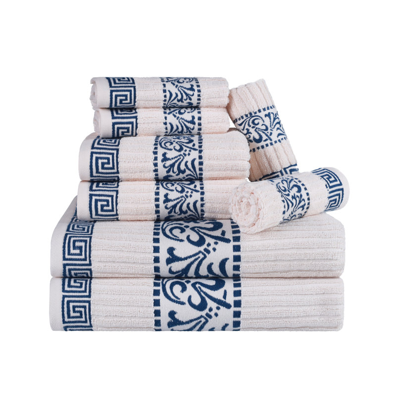 Ivory and Navy Cotton Towel Set with Greek Key Trim