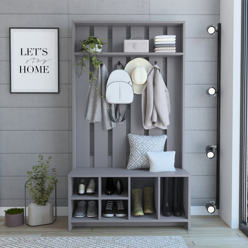 Tulcan 38" Wide Hall Tree With Bench And Shoe Storage, Entryway  Bench With Coat Rack, Smoke Gray