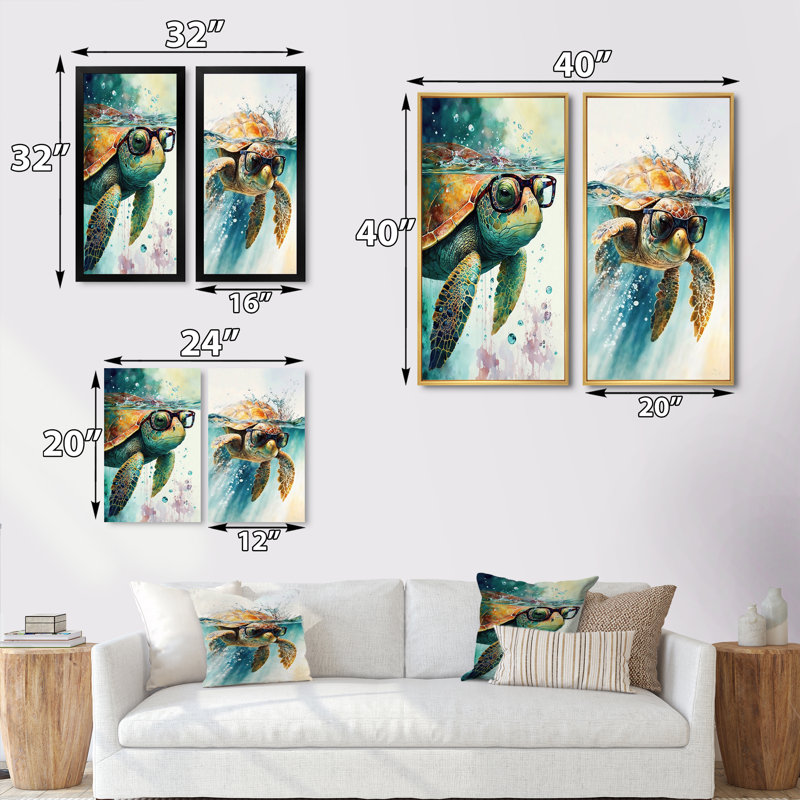 Tortue avec lunettes dans l'océan II - ensemble d'art mural tortue 2 pièces, H 32 po x l 32 po, Encadrement brun