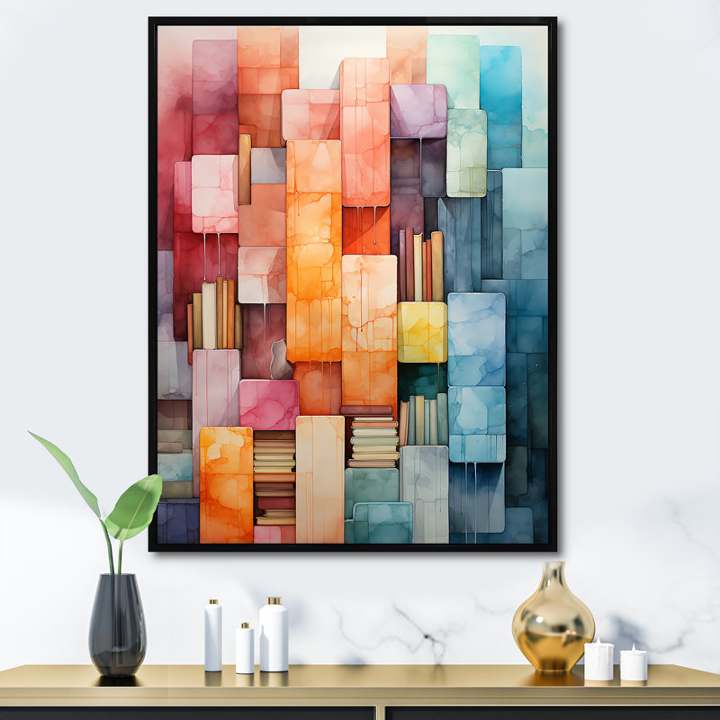 Décoration murale colorée minimaliste cubique - Collages abstraits, Cadre flottant noir, H 40 po x l 30 po x P 1,5 po