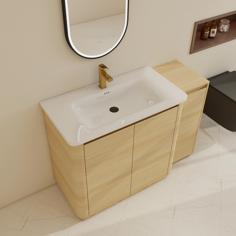 Ensemble de meuble-lavabo simple autoportant 48 po avec lavabo en céramique et tablettes réglables 48 po, 48", Beige