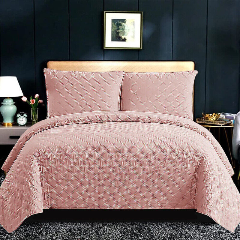 Polyester Solid Colour Bedspread with Pillow Shams, Super King Bedspread + 2 Standard Shams, Pink