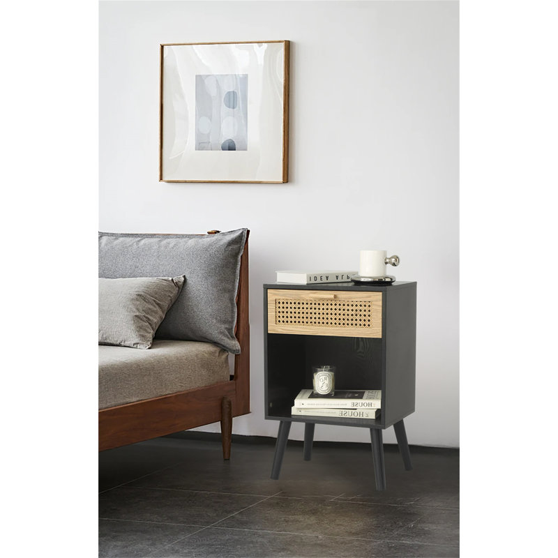 Modern Nightstand With Drawer – Small Rattan Bedside Table  Wooden Side Table, Black