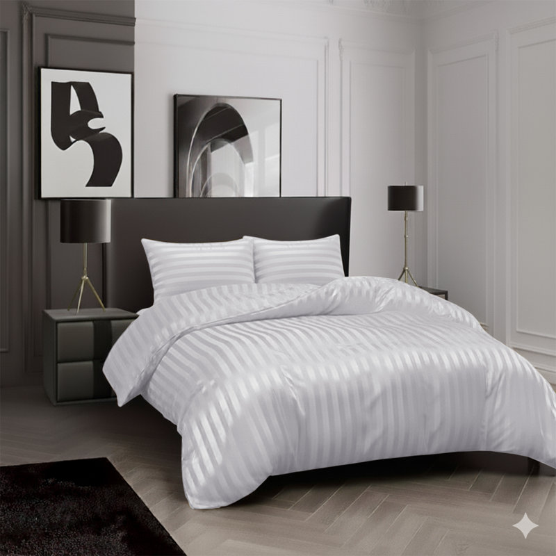 Microfiber Striped Duvet Cover Set with Matching Pillowcases and Stripe Fitted Sheet, White