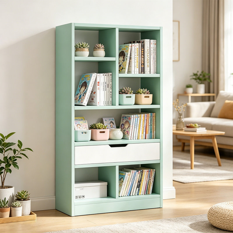 Bibliothèque en bois avec tablette ouverte de 51 pouces de hauteur avec 7 cubes et un tiroir, Vert