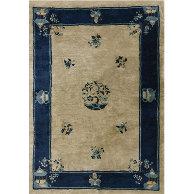 Chinese - Peking Knotted Antique Wool Ivory 1920s Rectangle Small Scatter Size Rug