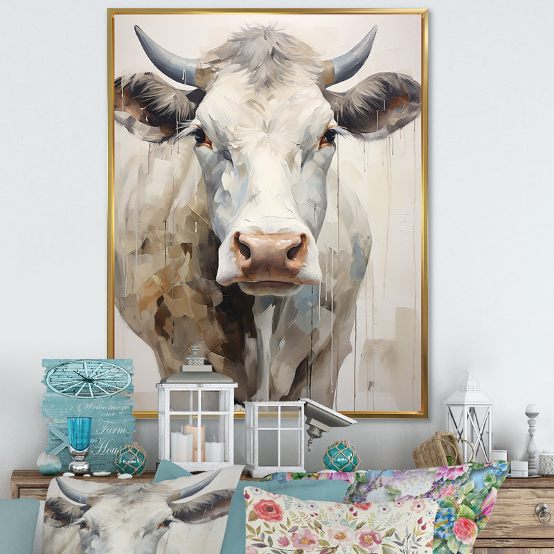 Portrait de vache beige minimaliste II sur toile, H 32 po x l 24 po x P 1 po, Cadre flottant doré