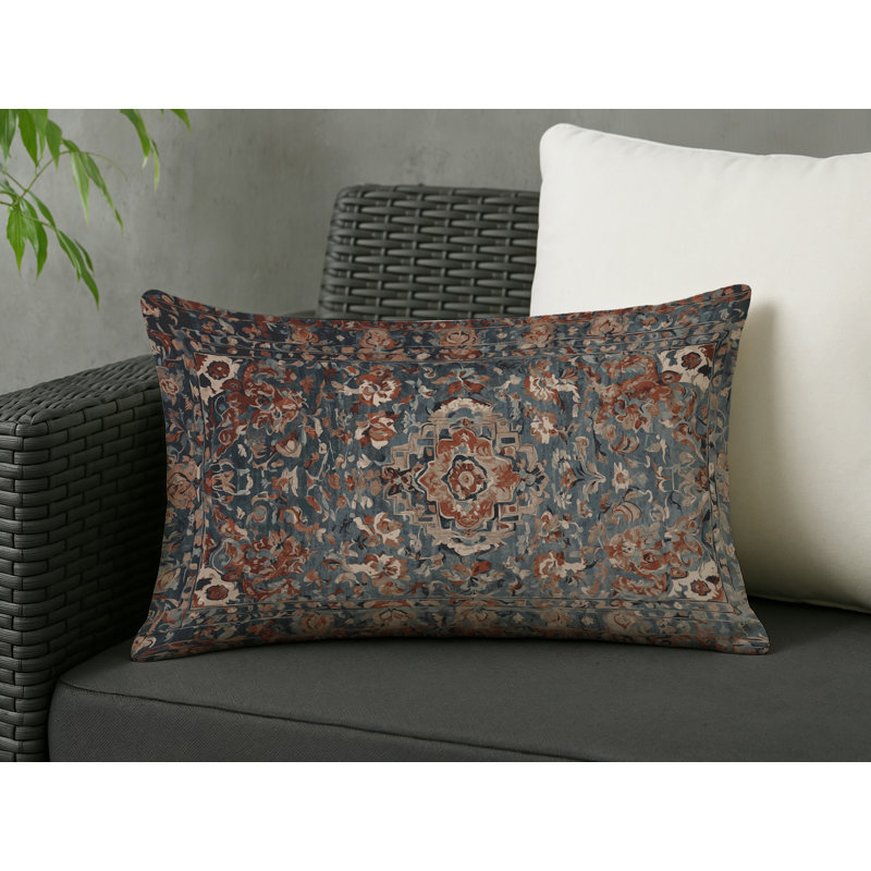 Coussin décoratif intérieur et extérieur Modern, Sarcelle / rouille / crème damassé, Rectangle H 20 po x l 14 po