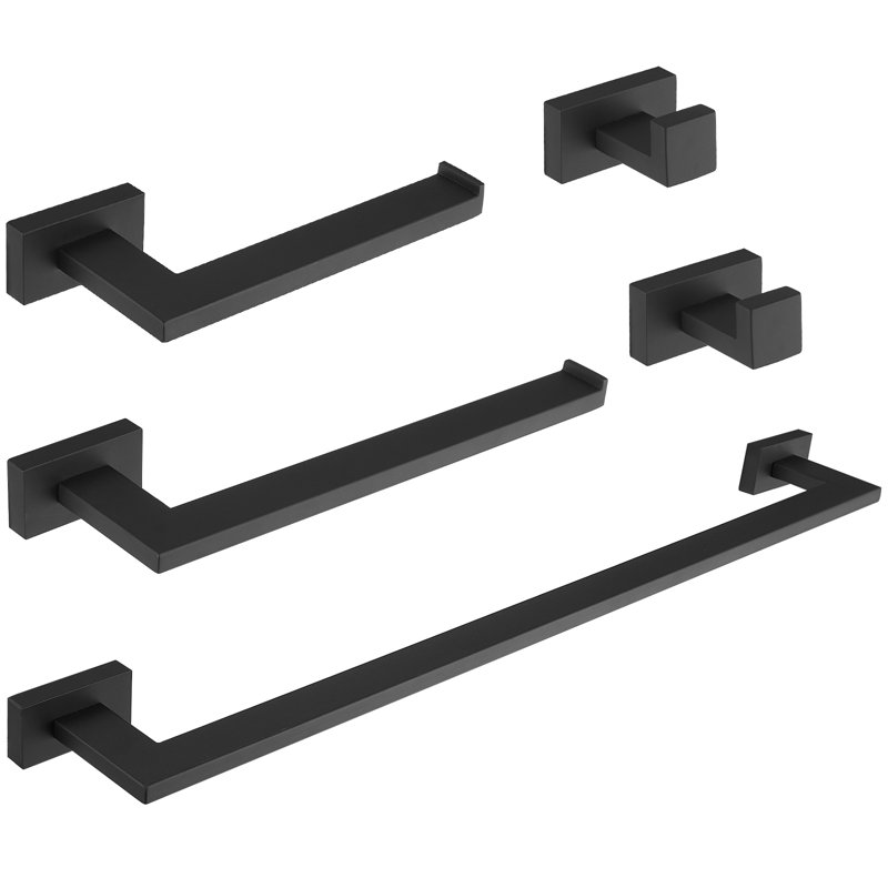 5-Piece Bath Hardware Set With Double Hooks Towel Ring Toilet Paper Holder And 24 In. Towel Bar In Matte Black, Matte Black