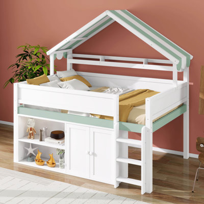 Lit mezzanine double avec toit à baldaquin et armoire de rangement, structure de lit en bois, lit mezzanine pleine longueur pour enfants
