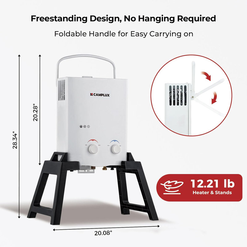 Chauffe-eau instantané au propane CAMPLUX 1,32 GPM 34 000 BTU pour le camping extérieur, avec pompe à eau de 1,2 GPM, support autoportant et sac de transport.