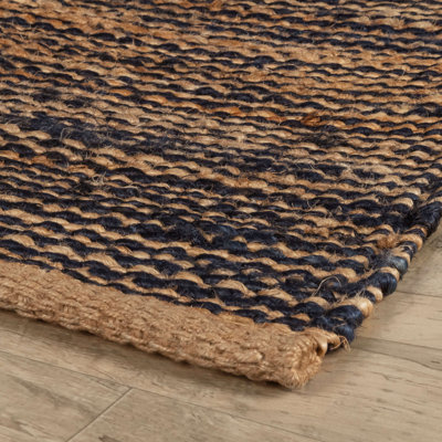 Blue Natural Hand-Woven Striped Jute Rug